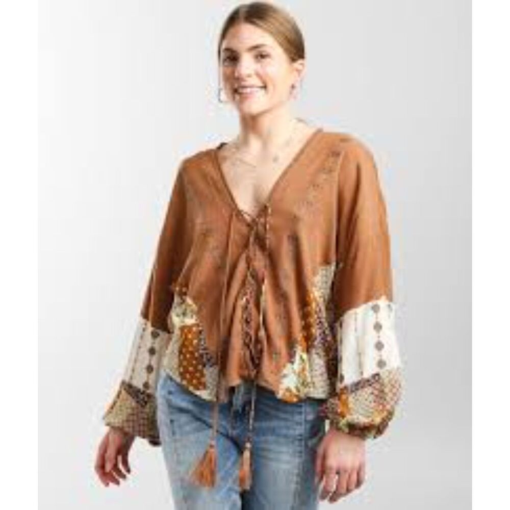 Boho Miss Me Patchwork Vintage Inspired Top XL Tie Front Tassels